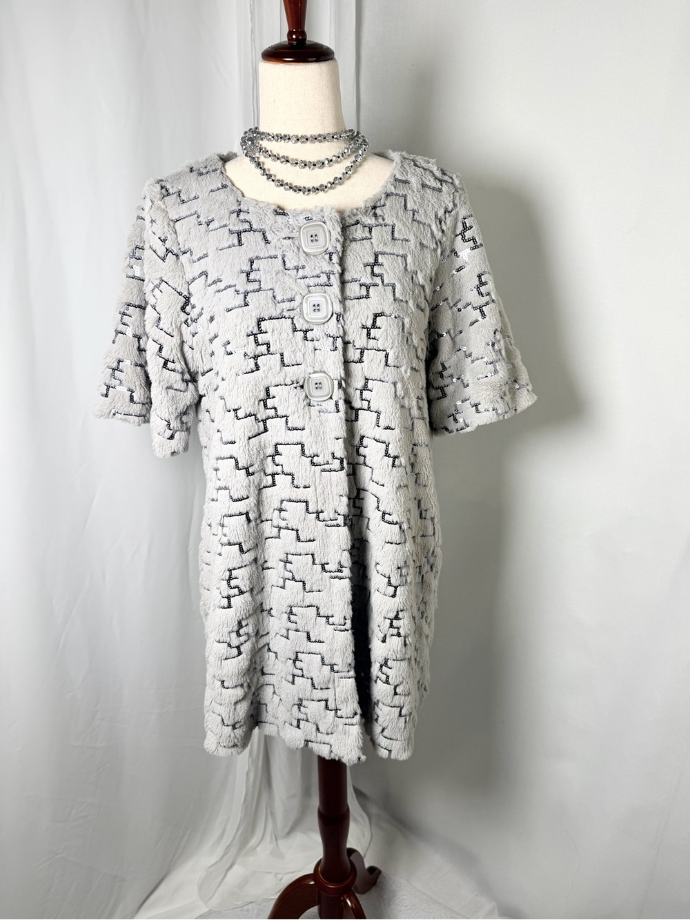 VTG Cousin Earl Gray Faux Fur Sequin Embellished Short Sleeve Shift Coat NWOT